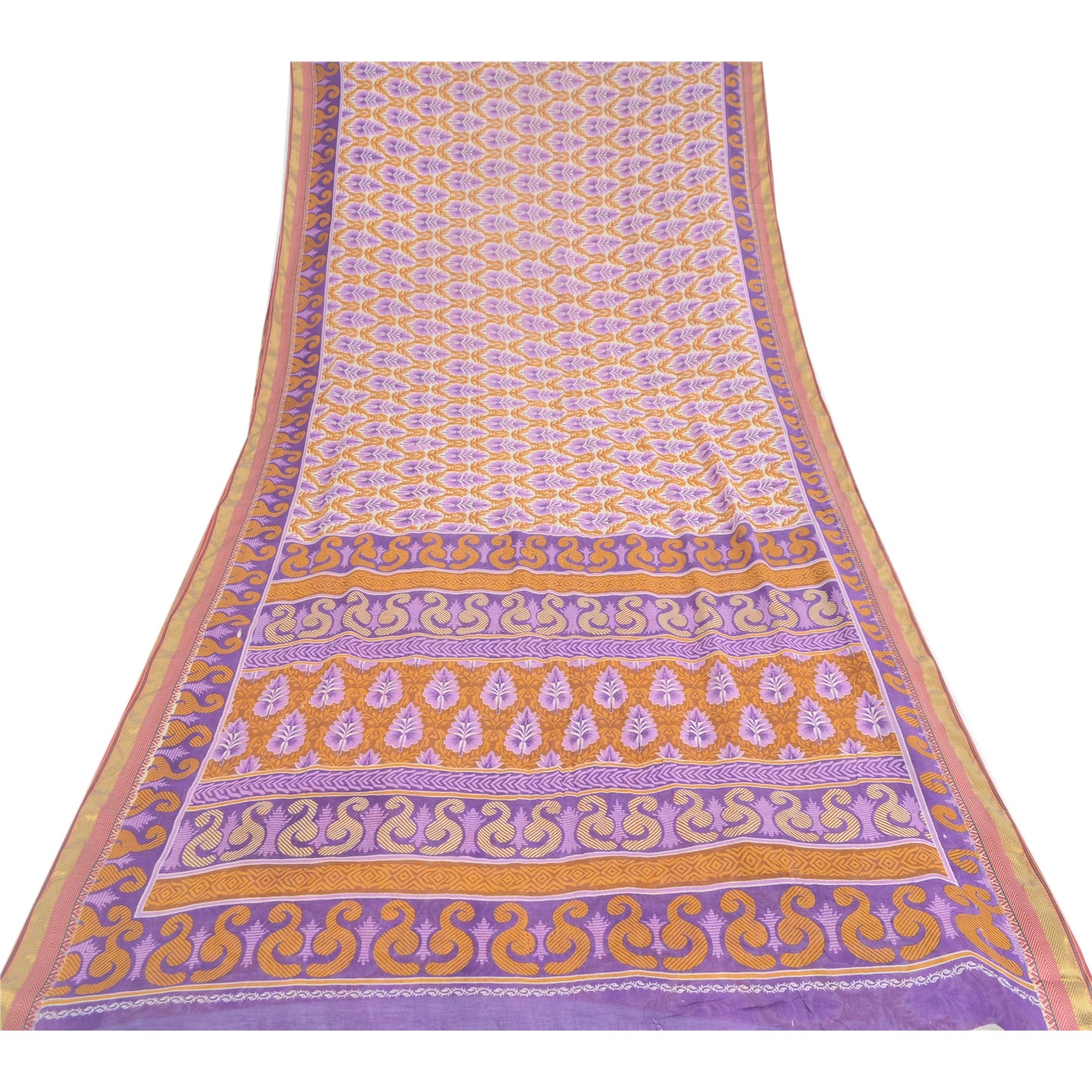 Sanskriti Vintage Sarees Purple/Saffron Pure Cotton Print Sari 5yd Craft Fabric