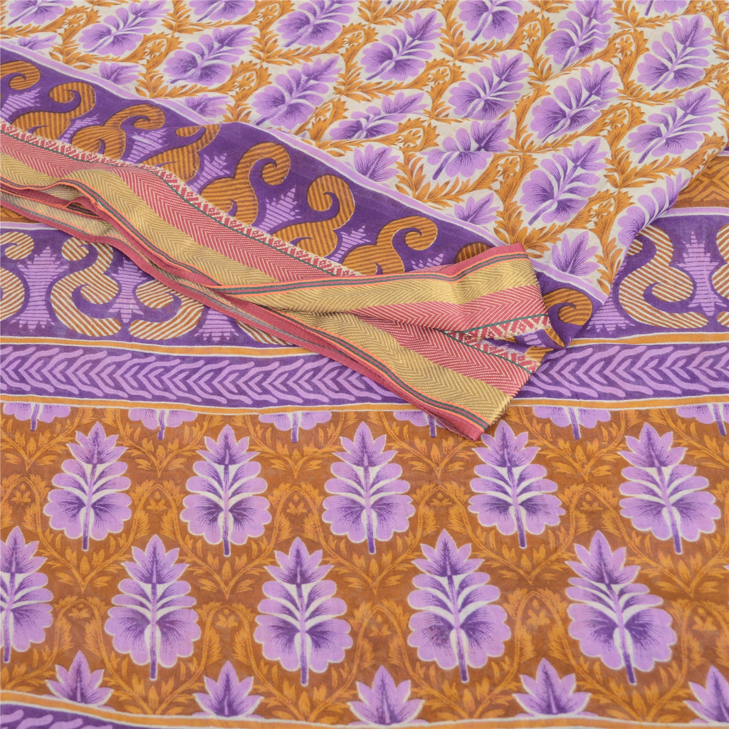 Sanskriti Vintage Sarees Purple/Saffron Pure Cotton Print Sari 5yd Craft Fabric