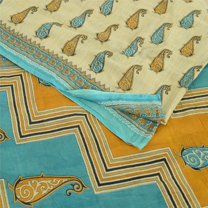 Sanskriti Vintage Sarees Cream Pure Cotton Paisley Printed Sari 5yd Craft Fabric