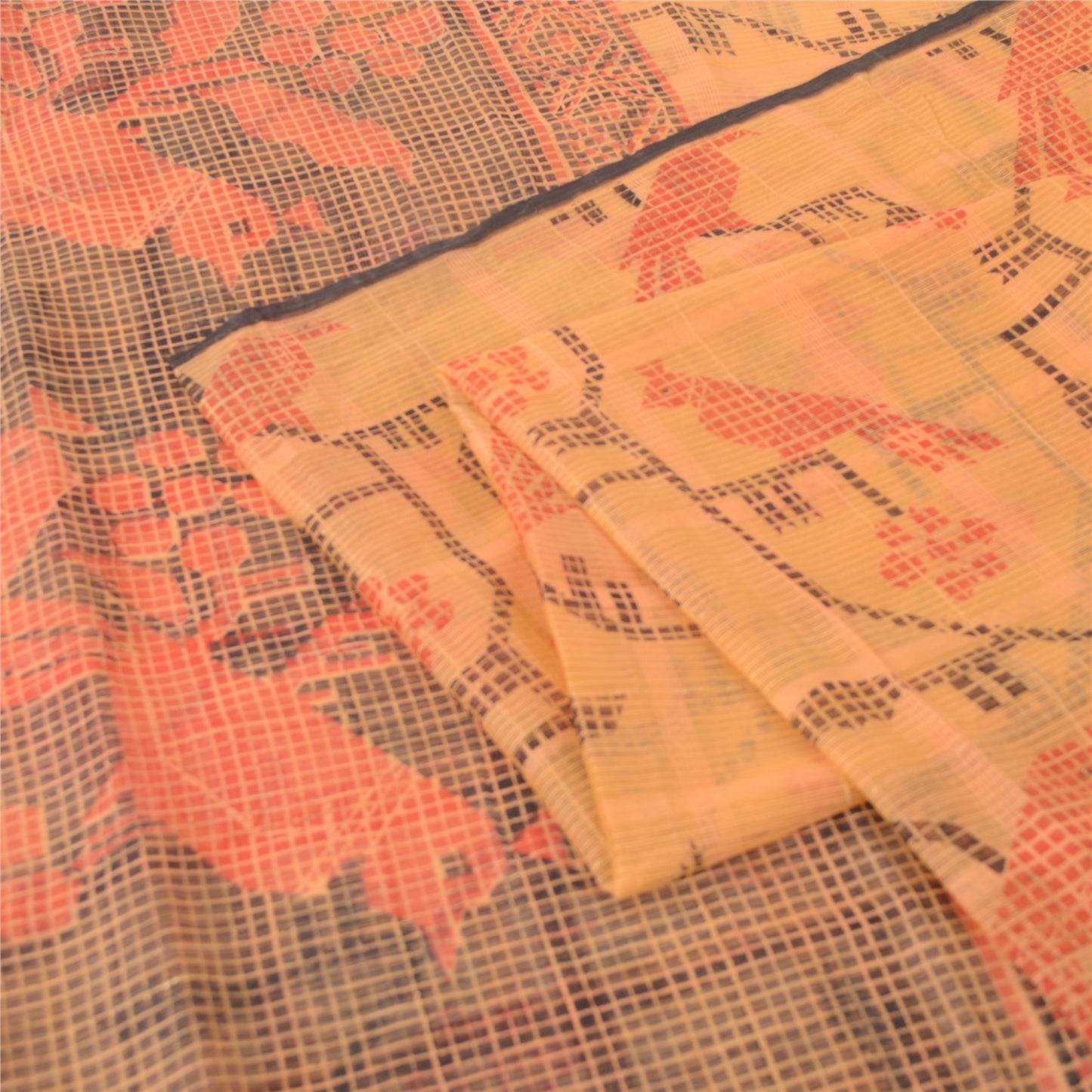 Sanskriti Vintage Sarees Peach Kota Woven Bird Printed Cotton Silk Sari Fabric