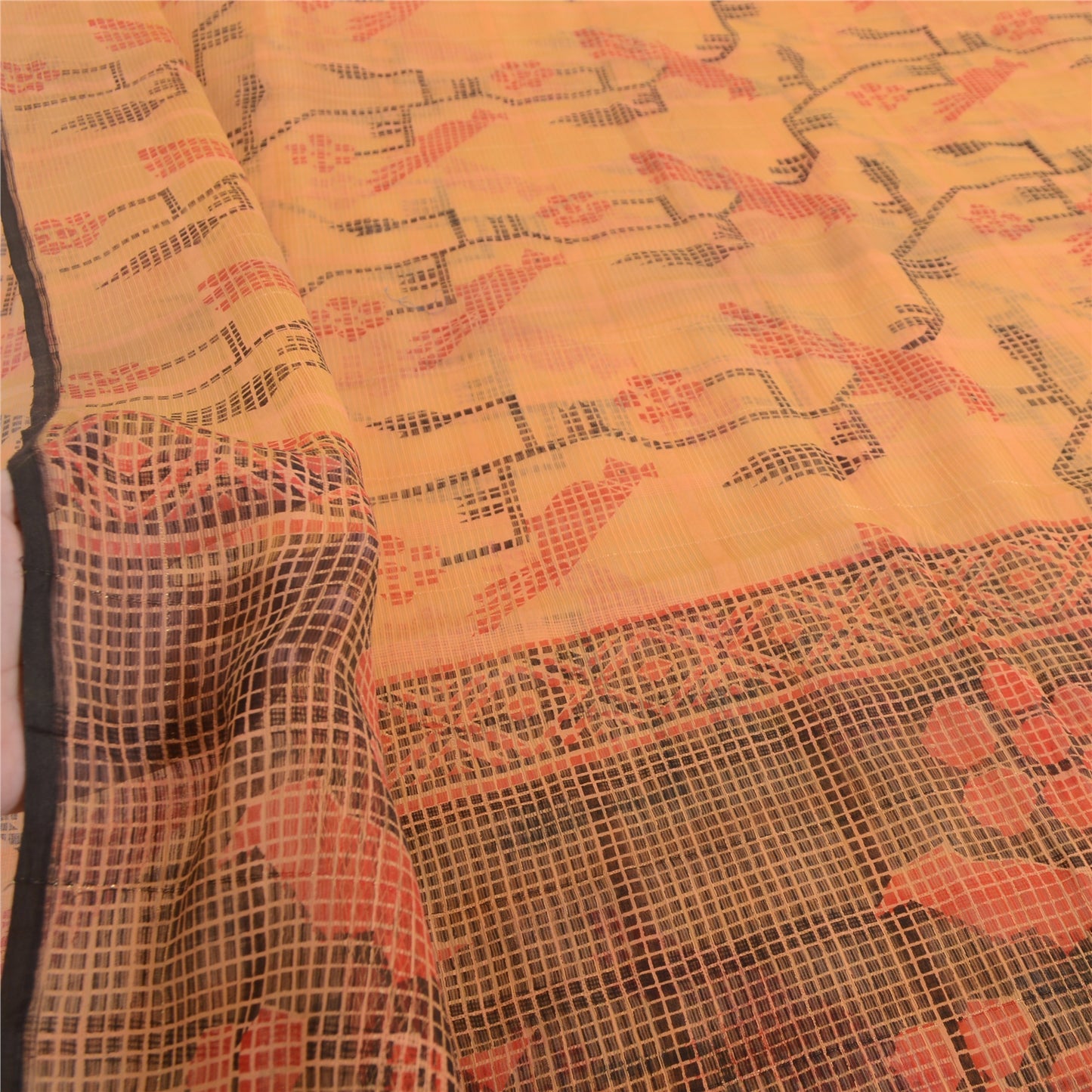 Sanskriti Vintage Sarees Peach Kota Woven Bird Printed Cotton Silk Sari Fabric