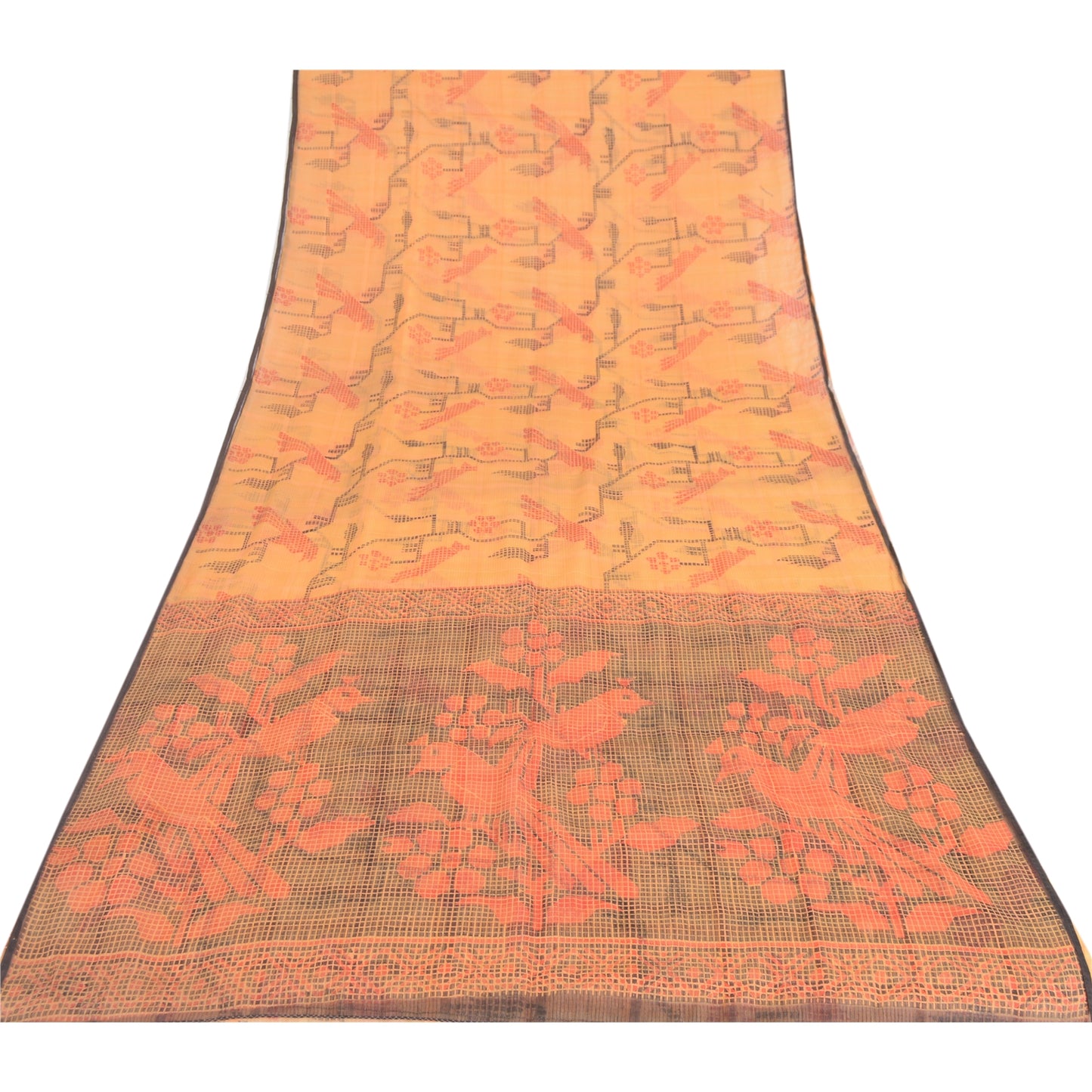 Sanskriti Vintage Sarees Peach Kota Woven Bird Printed Cotton Silk Sari Fabric