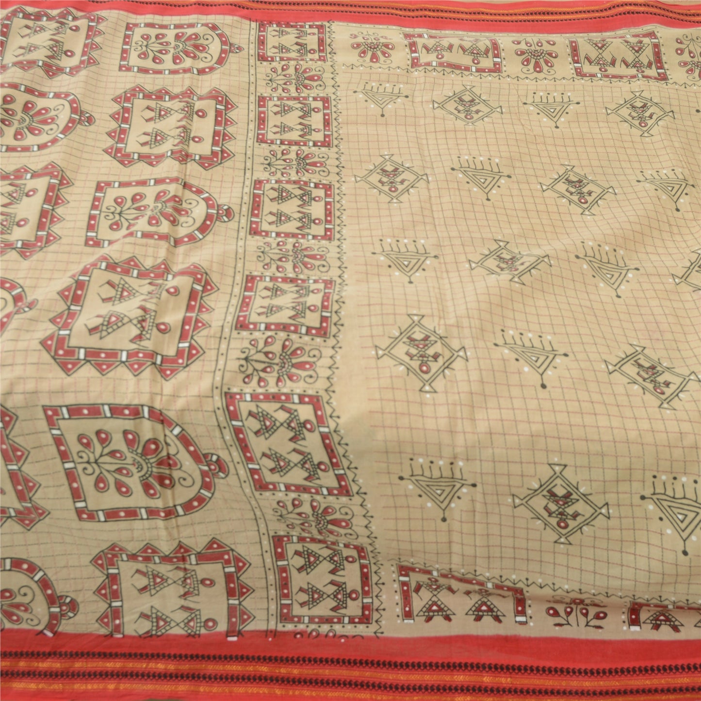 Sanskriti Vintage Sarees Ivory Warli Art Pure Cotton Print Sari 5yd Craft Fabric