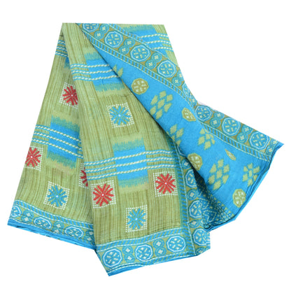 Sanskriti Vintage Sarees Green/Blue Pure Cotton Printed Sari 5yd Craft Fabric