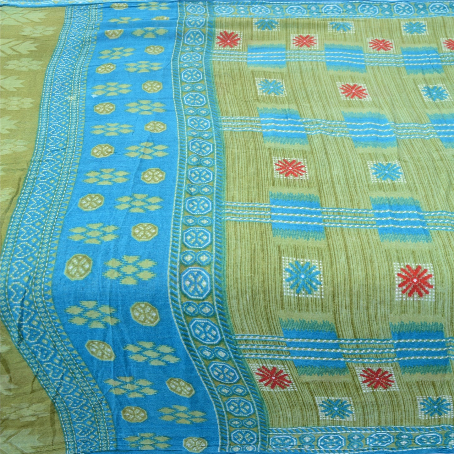 Sanskriti Vintage Sarees Green/Blue Pure Cotton Printed Sari 5yd Craft Fabric