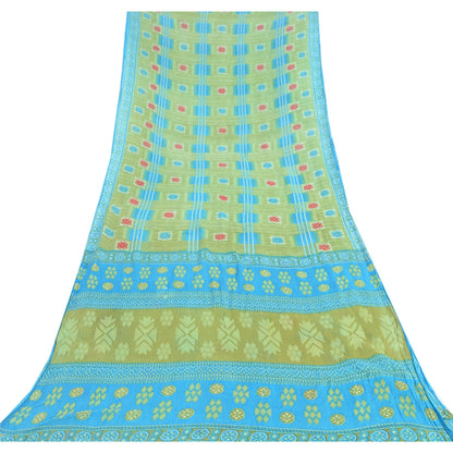 Sanskriti Vintage Sarees Green/Blue Pure Cotton Printed Sari 5yd Craft Fabric