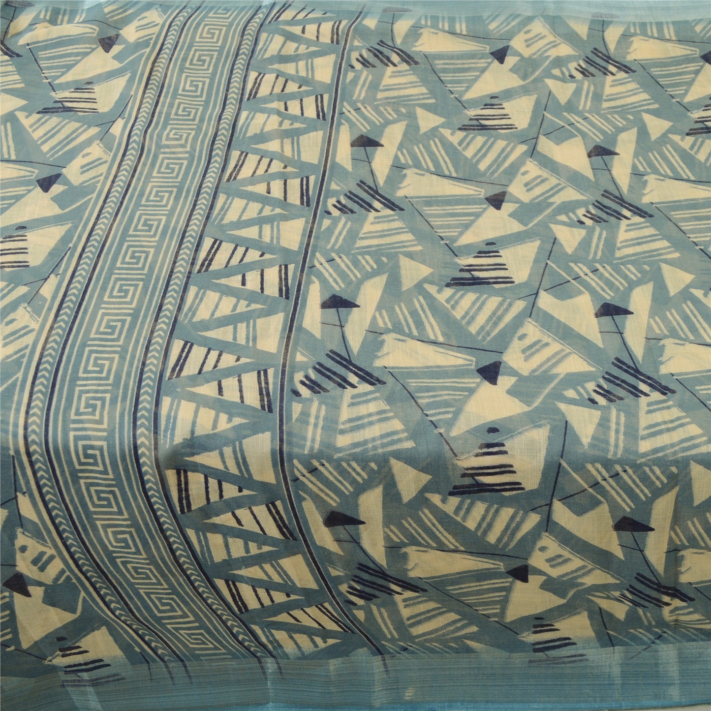 Sanskriti Vintage Sarees Indian ivory/Blue Cotton Printed Sari 5yd Craft Fabric