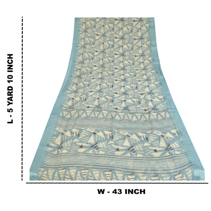 Sanskriti Vintage Sarees Indian ivory/Blue Cotton Printed Sari 5yd Craft Fabric