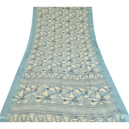 Sanskriti Vintage Sarees Indian ivory/Blue Cotton Printed Sari 5yd Craft Fabric