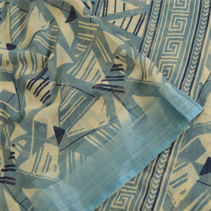 Sanskriti Vintage Sarees Indian ivory/Blue Cotton Printed Sari 5yd Craft Fabric