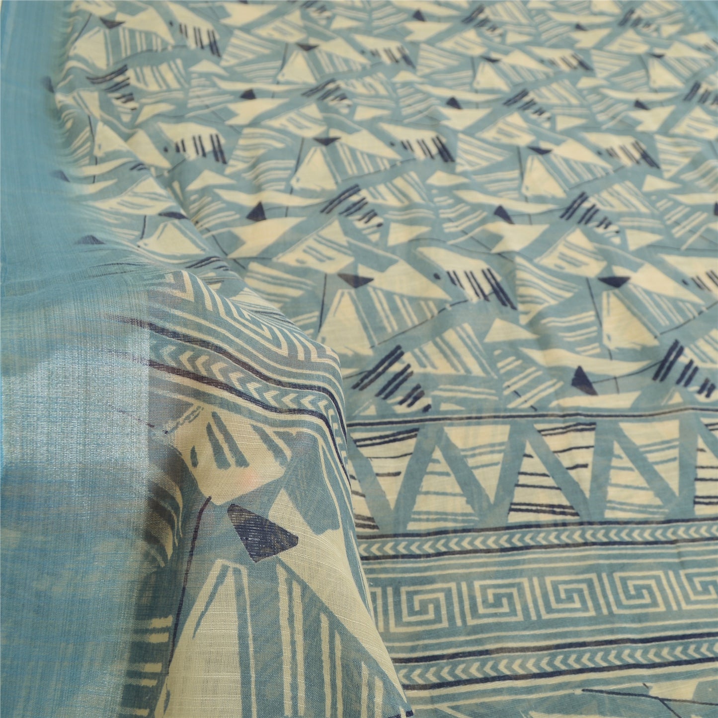 Sanskriti Vintage Sarees Indian ivory/Blue Cotton Printed Sari 5yd Craft Fabric