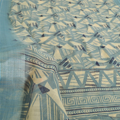 Sanskriti Vintage Sarees Indian ivory/Blue Cotton Printed Sari 5yd Craft Fabric