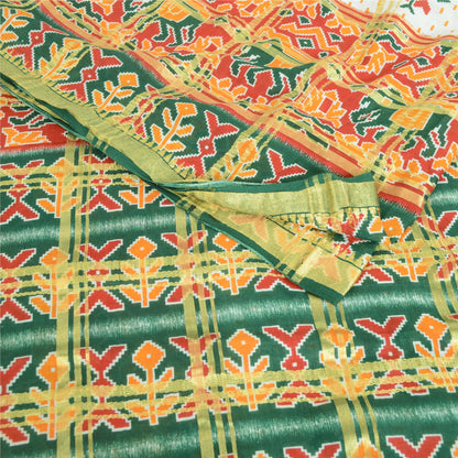 Sanskriti Vintage Sarees Ivory/Green Patan Patola Print Pure Cotton Sari Fabric