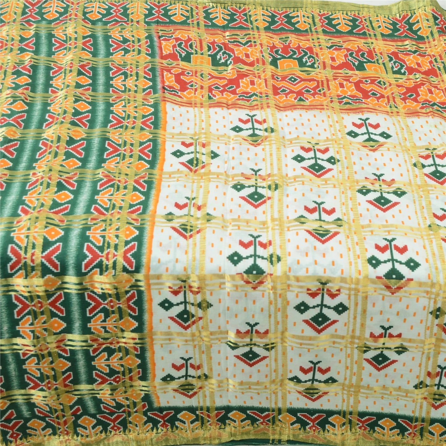 Sanskriti Vintage Sarees Ivory/Green Patan Patola Print Pure Cotton Sari Fabric