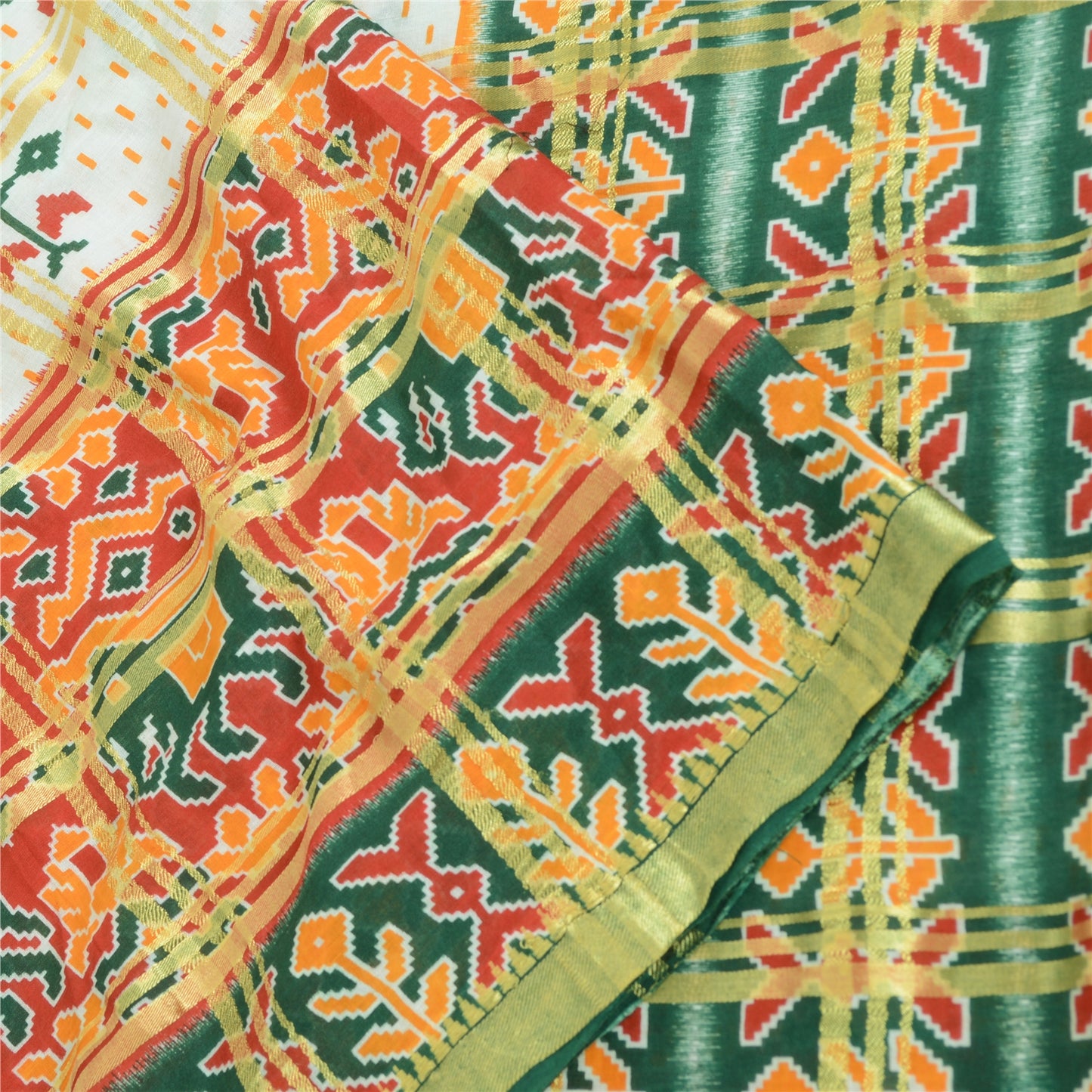 Sanskriti Vintage Sarees Ivory/Green Patan Patola Print Pure Cotton Sari Fabric