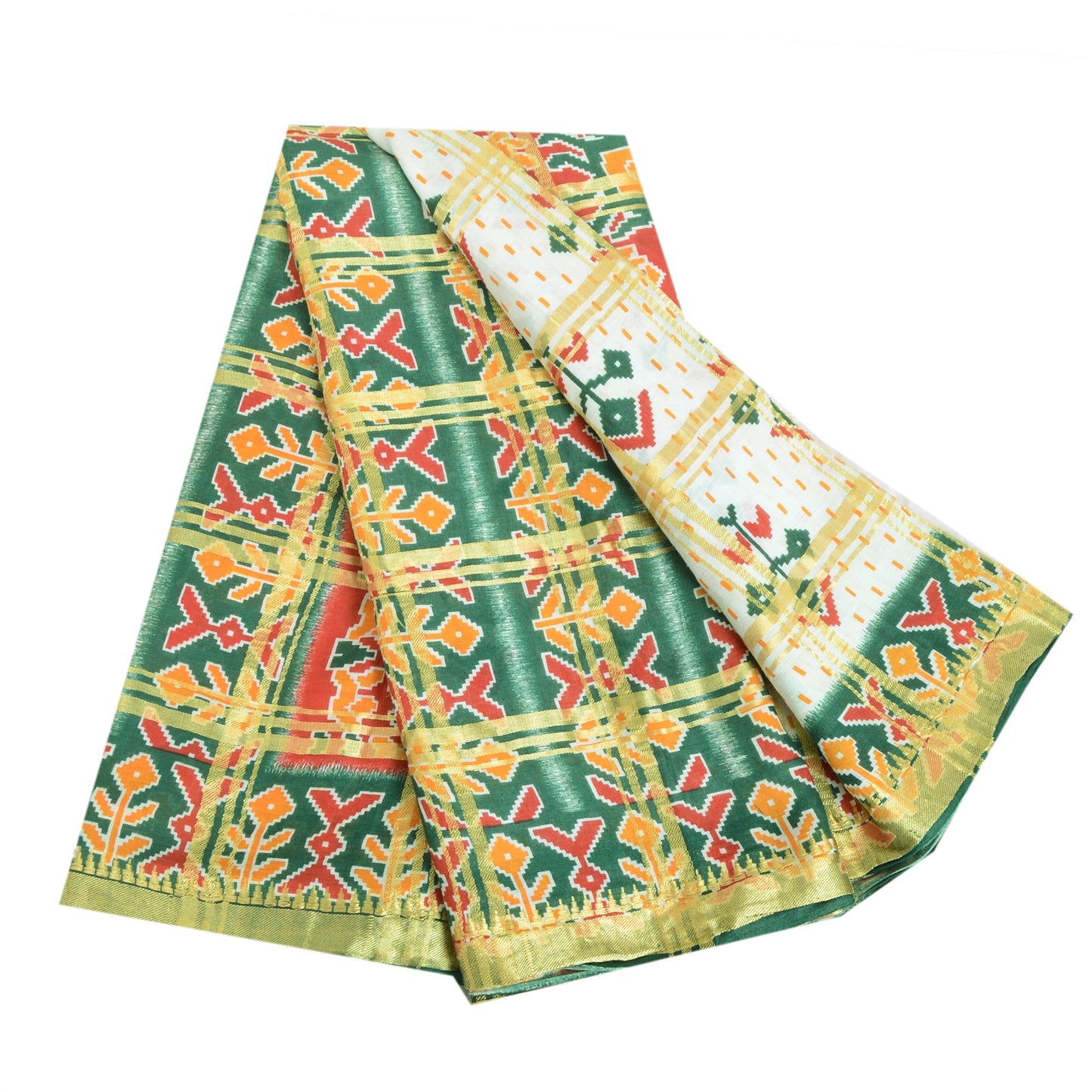 Sanskriti Vintage Sarees Ivory/Green Patan Patola Print Pure Cotton Sari Fabric