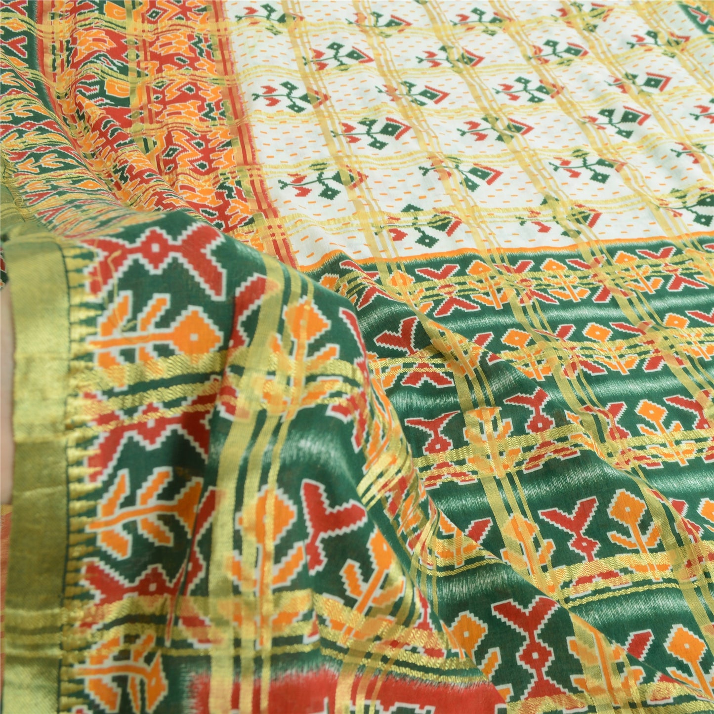 Sanskriti Vintage Sarees Ivory/Green Patan Patola Print Pure Cotton Sari Fabric