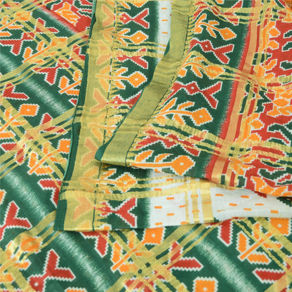 Sanskriti Vintage Sarees Ivory/Green Patan Patola Print Pure Cotton Sari Fabric