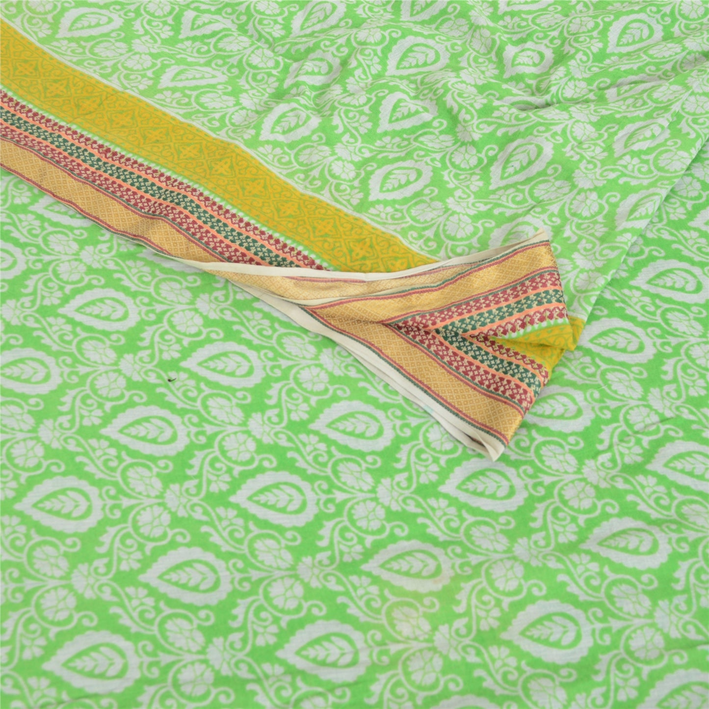 Sanskriti Vintage Sarees Green Woven Border Pure Cotton Print Sari Craft Fabric