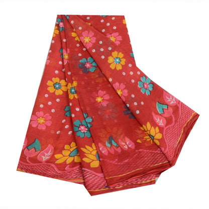 Sanskriti Vintage Sarees From India Red Pure Cotton Print Sari 5yd Craft Fabric