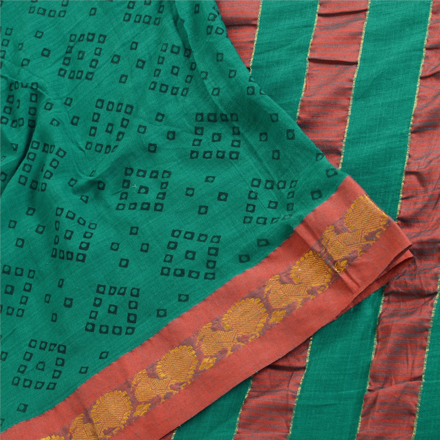 Sanskriti Vintage Sarees Green Bandhani Zari Woven Print Pure Cotton Sari Fabric