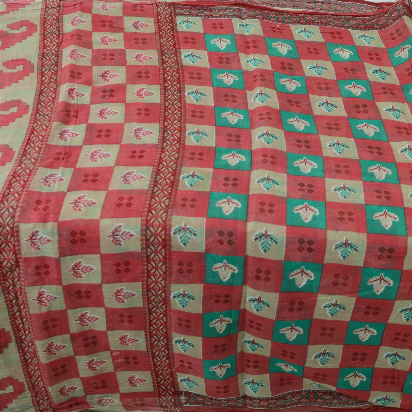 Sanskriti Vintage Sarees From India Red Pure Cotton Print Sari 5yd Craft Fabric