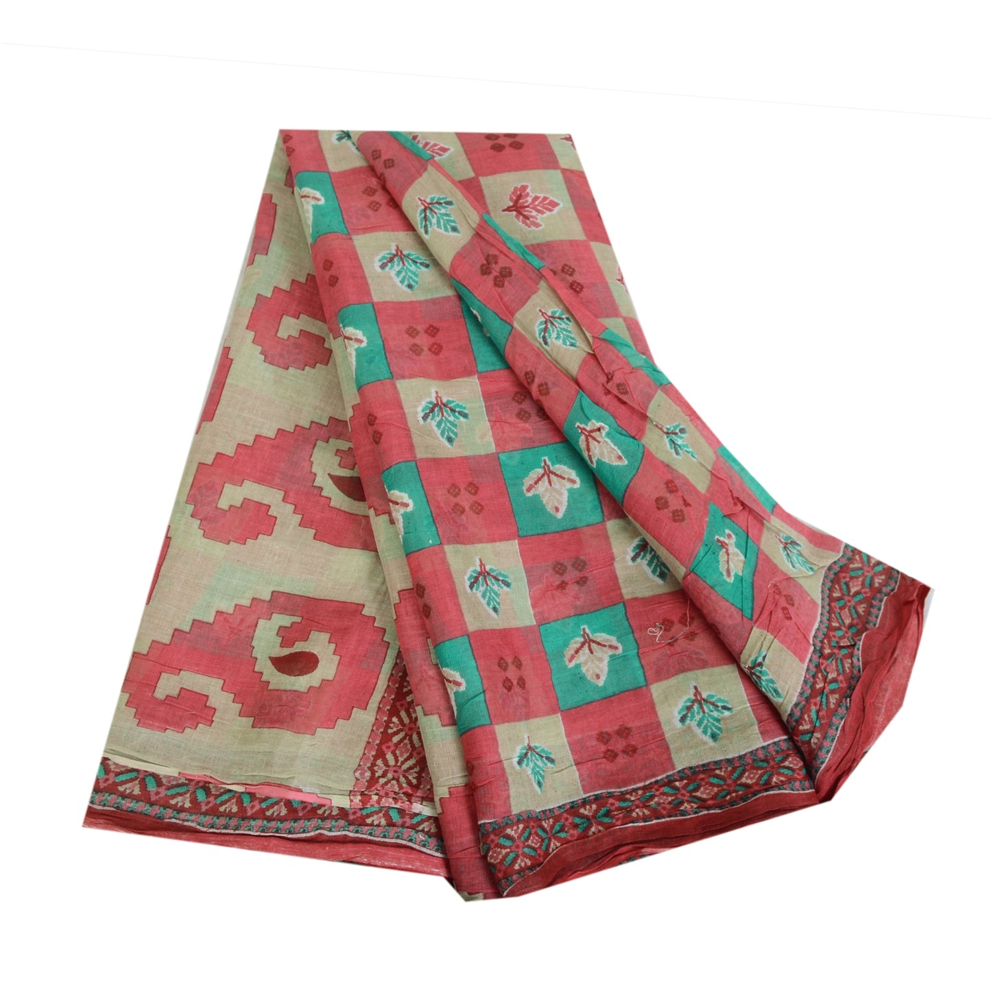 Sanskriti Vintage Sarees From India Red Pure Cotton Print Sari 5yd Craft Fabric