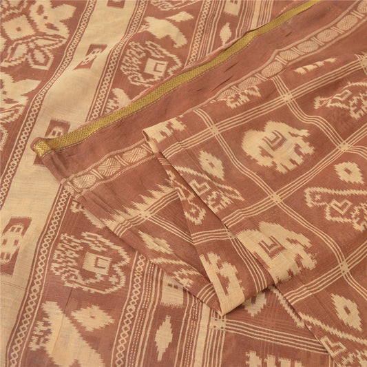 Sanskriti Vintage Sarees Brown Patan Patola Animal Print Pure Cotton Sari Fabric