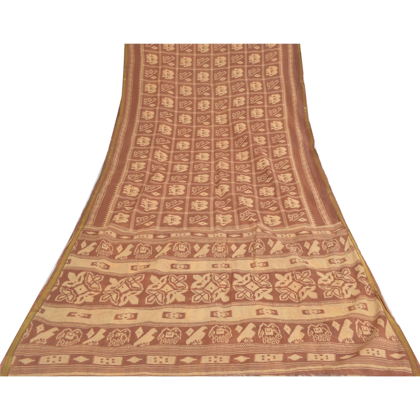 Sanskriti Vintage Sarees Brown Patan Patola Animal Print Pure Cotton Sari Fabric