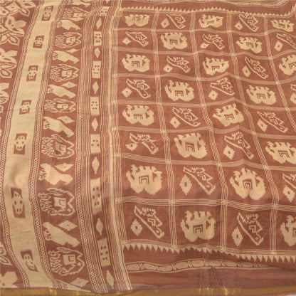 Sanskriti Vintage Sarees Brown Patan Patola Animal Print Pure Cotton Sari Fabric