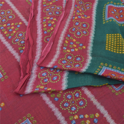 Sanskriti Vintage Sarees Green/Pink Bandhani Pure Cotton Printed Sari 5yd Fabric