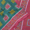 Sanskriti Vintage Sarees Green/Pink Bandhani Pure Cotton Printed Sari 5yd Fabric