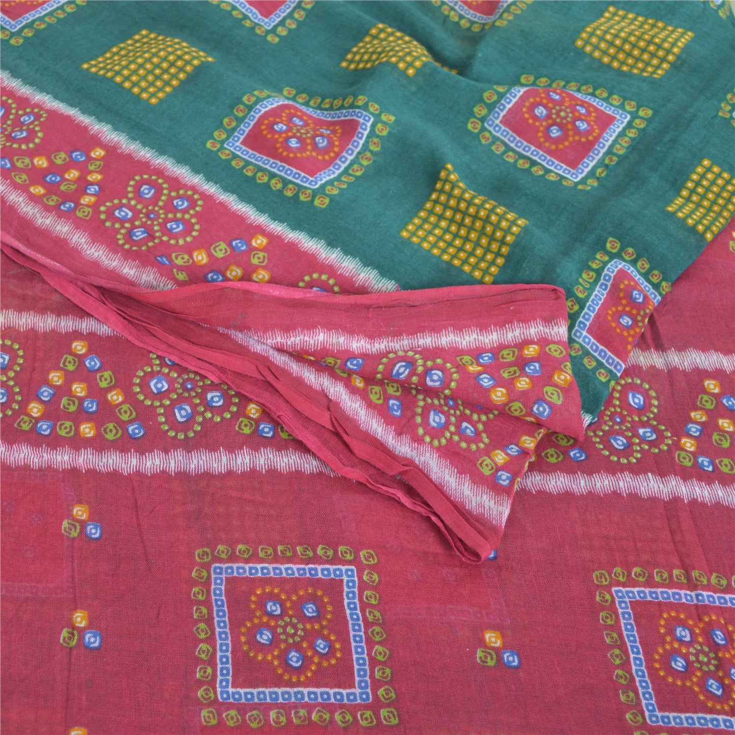 Sanskriti Vintage Sarees Green/Pink Bandhani Pure Cotton Printed Sari 5yd Fabric