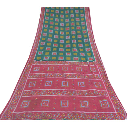 Sanskriti Vintage Sarees Green/Pink Bandhani Pure Cotton Printed Sari 5yd Fabric