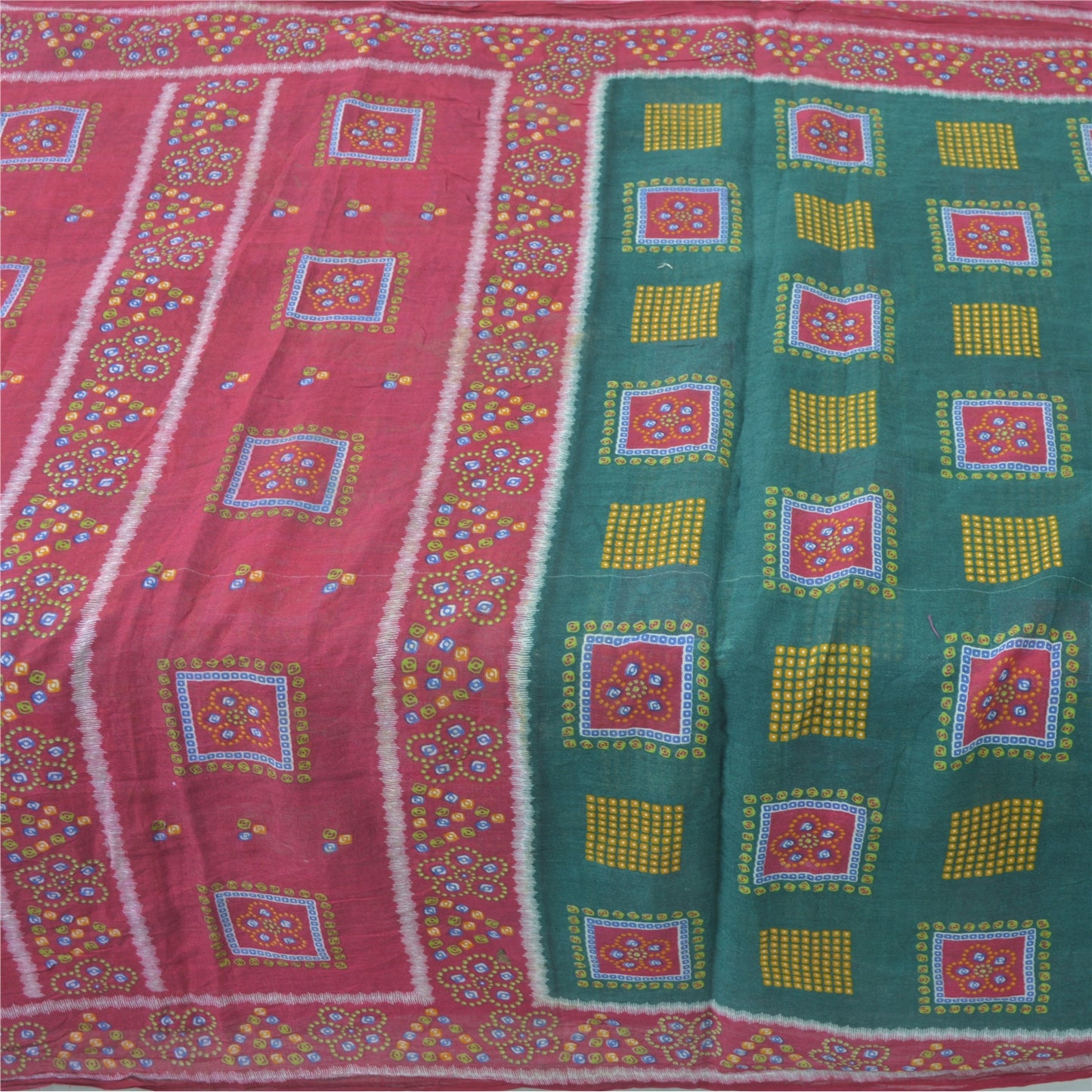 Sanskriti Vintage Sarees Green/Pink Bandhani Pure Cotton Printed Sari 5yd Fabric