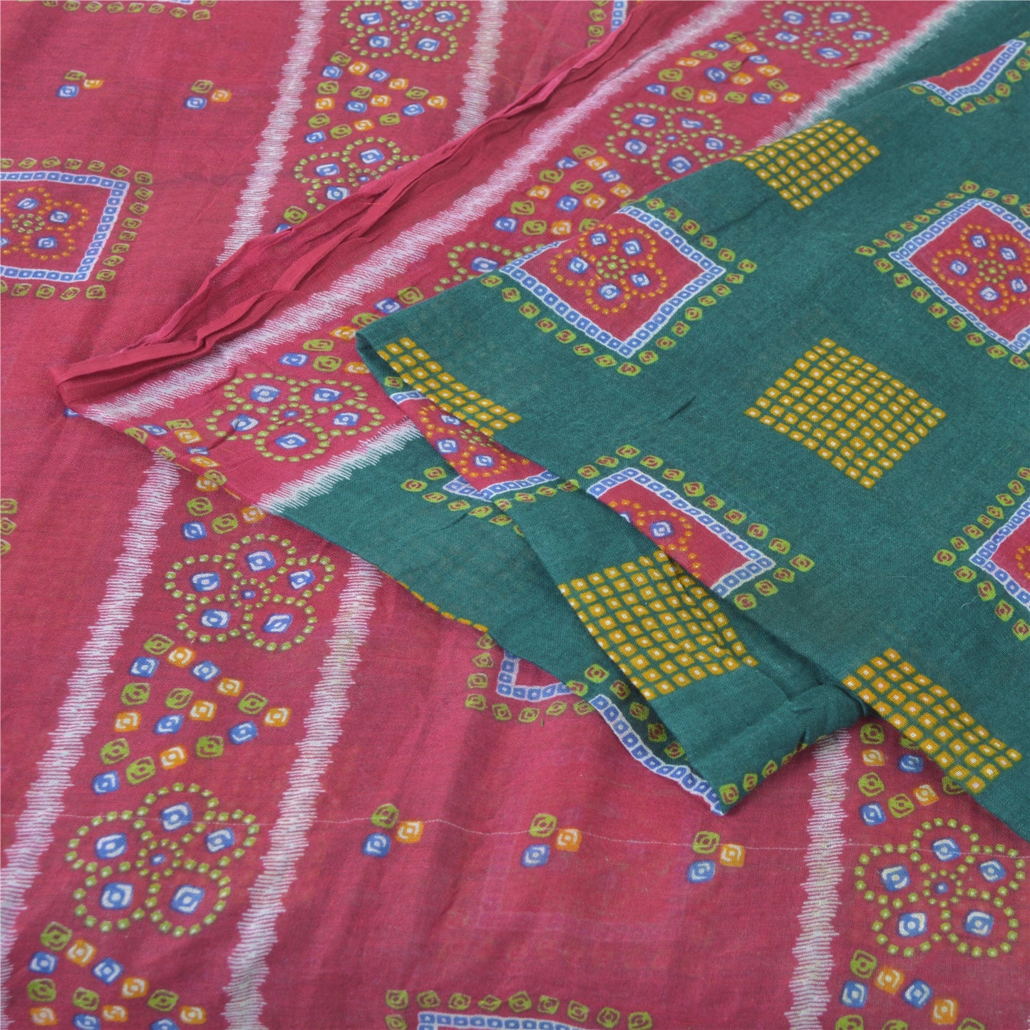 Sanskriti Vintage Sarees Green/Pink Bandhani Pure Cotton Printed Sari 5yd Fabric