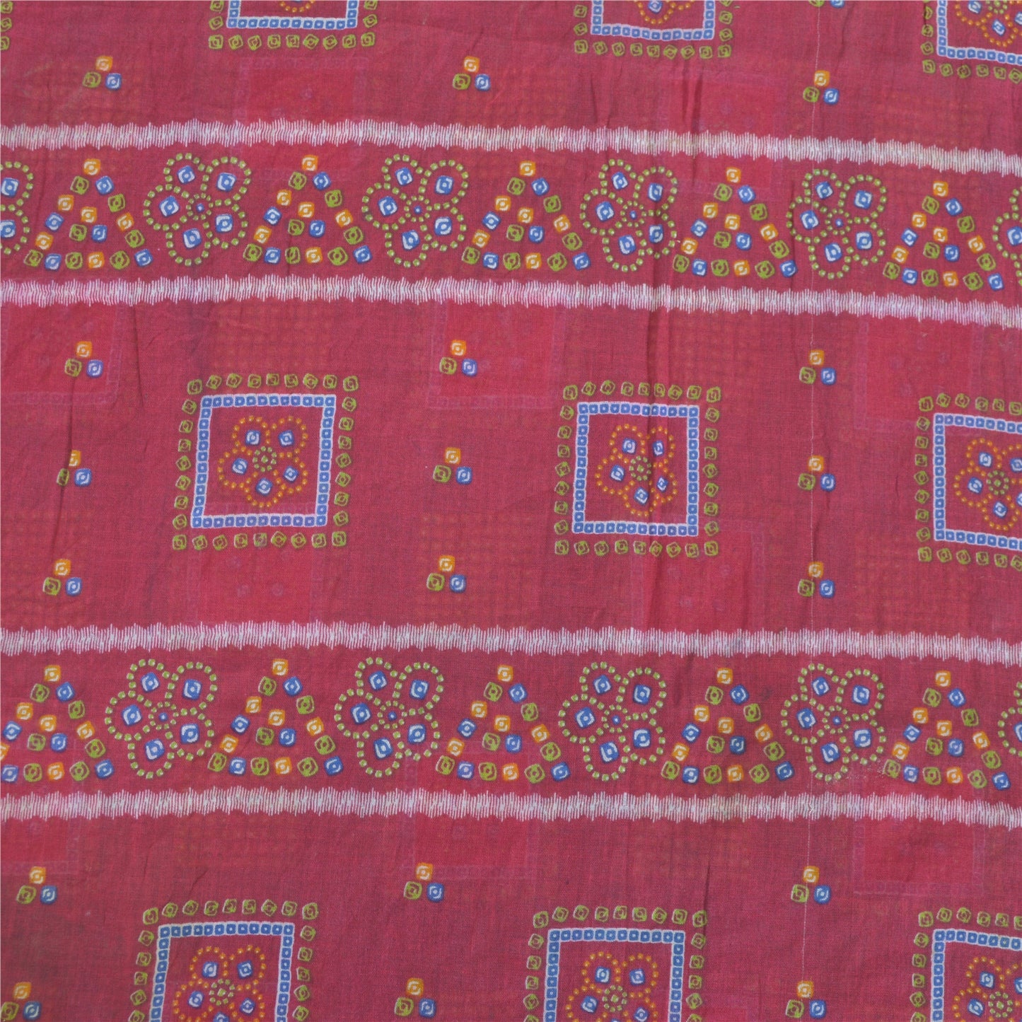 Sanskriti Vintage Sarees Green/Pink Bandhani Pure Cotton Printed Sari 5yd Fabric