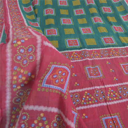 Sanskriti Vintage Sarees Green/Pink Bandhani Pure Cotton Printed Sari 5yd Fabric