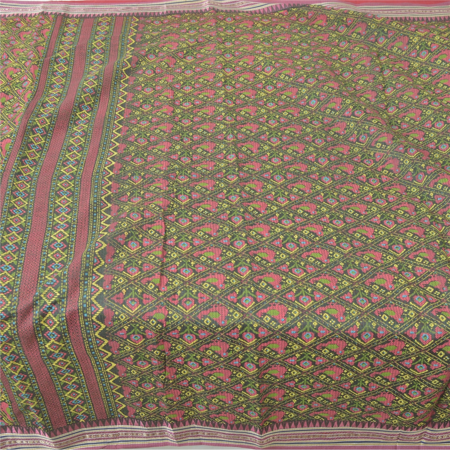 Sanskriti Vintage Sarees Green Peacock Printed Pure Cotton Sari 5yd Craft Fabric