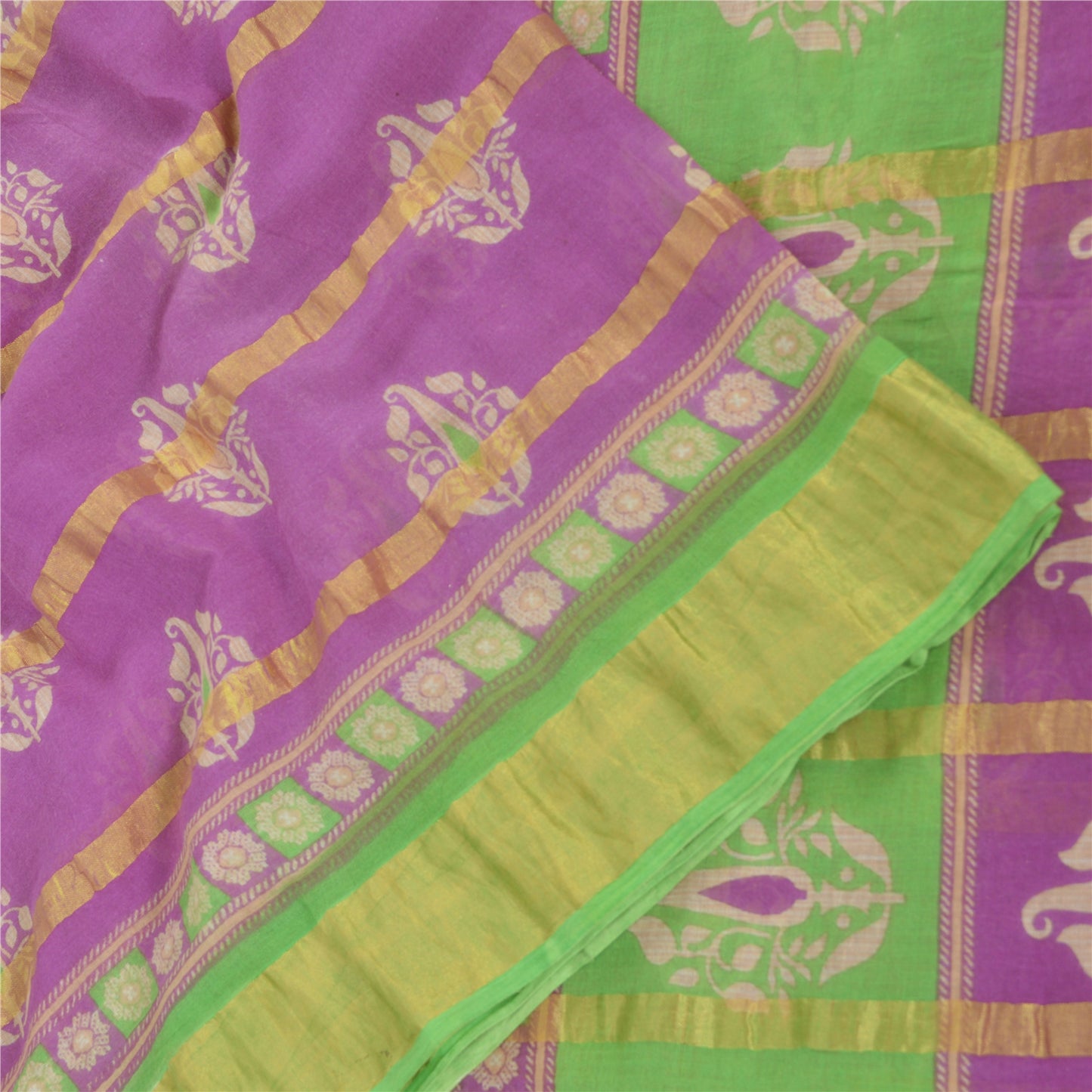 Sanskriti Vintage Sarees Purple Pure Cotton Printed Woven Sari 5yd Craft Fabric