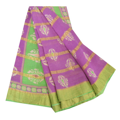 Sanskriti Vintage Sarees Purple Pure Cotton Printed Woven Sari 5yd Craft Fabric