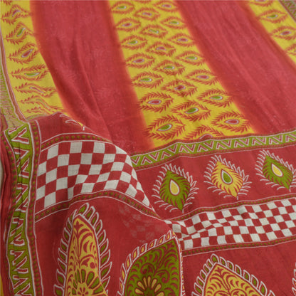 Sanskriti Vintage Sarees Red/Yellow Pure Cotton Printed Sari 5yd Craft Fabric