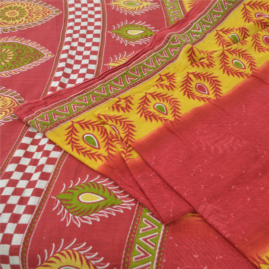 Sanskriti Vintage Sarees Red/Yellow Pure Cotton Printed Sari 5yd Craft Fabric