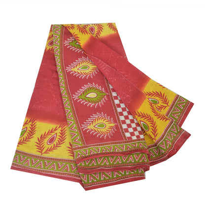 Sanskriti Vintage Sarees Red/Yellow Pure Cotton Printed Sari 5yd Craft Fabric