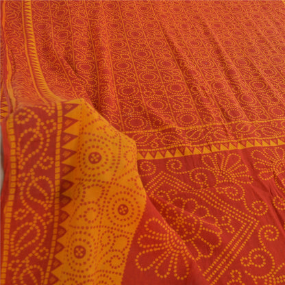 Sanskriti Vintage Sarees Red/Yellow Bandhani Pure Cotton Printed Sari 5yd Fabric