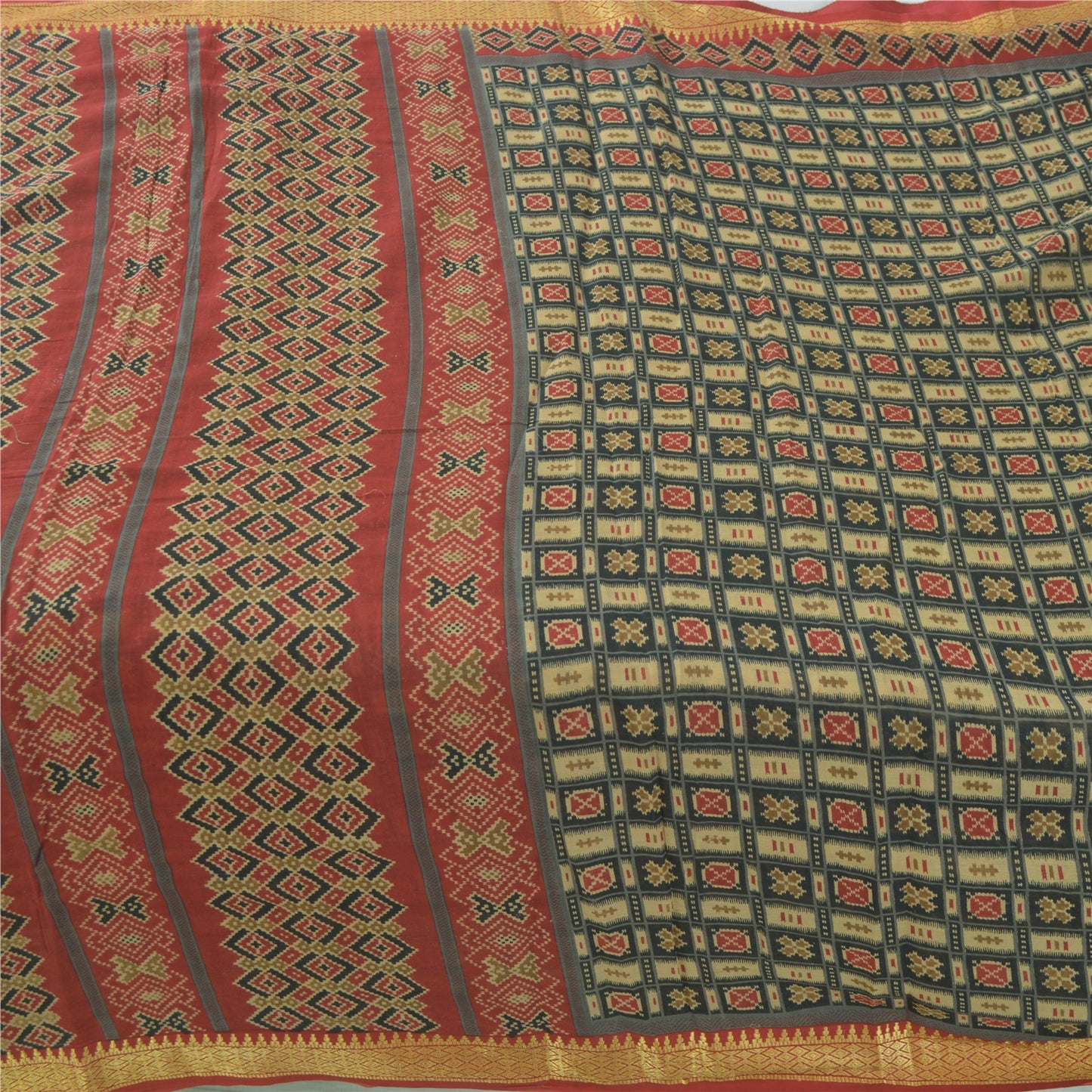 Sanskriti Vintage Sarees Green/Red 100%Pure Cotton Printed Sari 6yd Craft Fabric