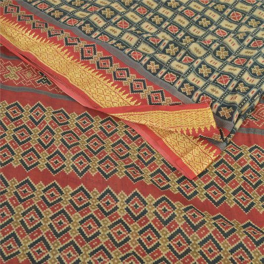 Sanskriti Vintage Sarees Green/Red 100%Pure Cotton Printed Sari 6yd Craft Fabric