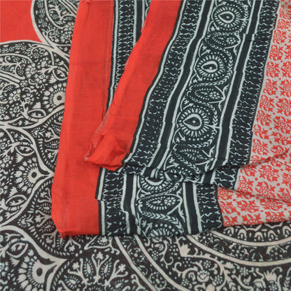 Sanskriti Vintage Sarees Red/Gray 100% Pure Cotton Printed Sari 5yd Craft Fabric