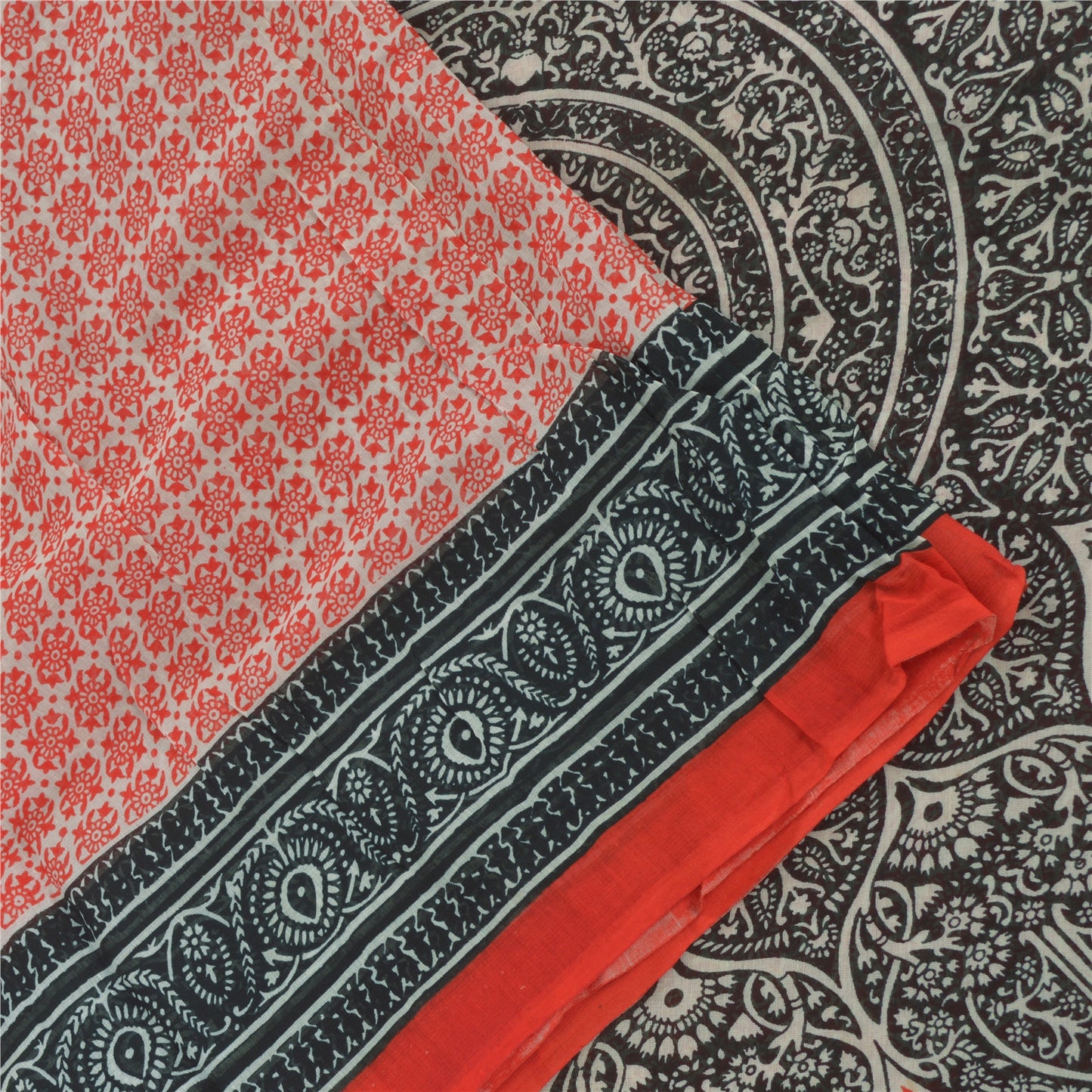 Sanskriti Vintage Sarees Red/Gray 100% Pure Cotton Printed Sari 5yd Craft Fabric