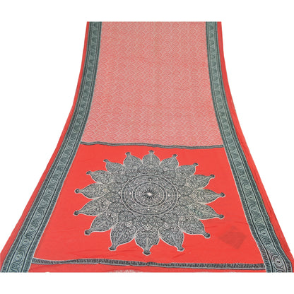 Sanskriti Vintage Sarees Red/Gray 100% Pure Cotton Printed Sari 5yd Craft Fabric